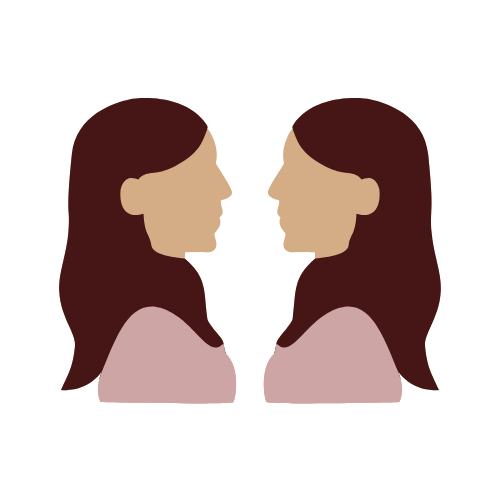 Animation of two women / clones facing each other. They both look the same. 